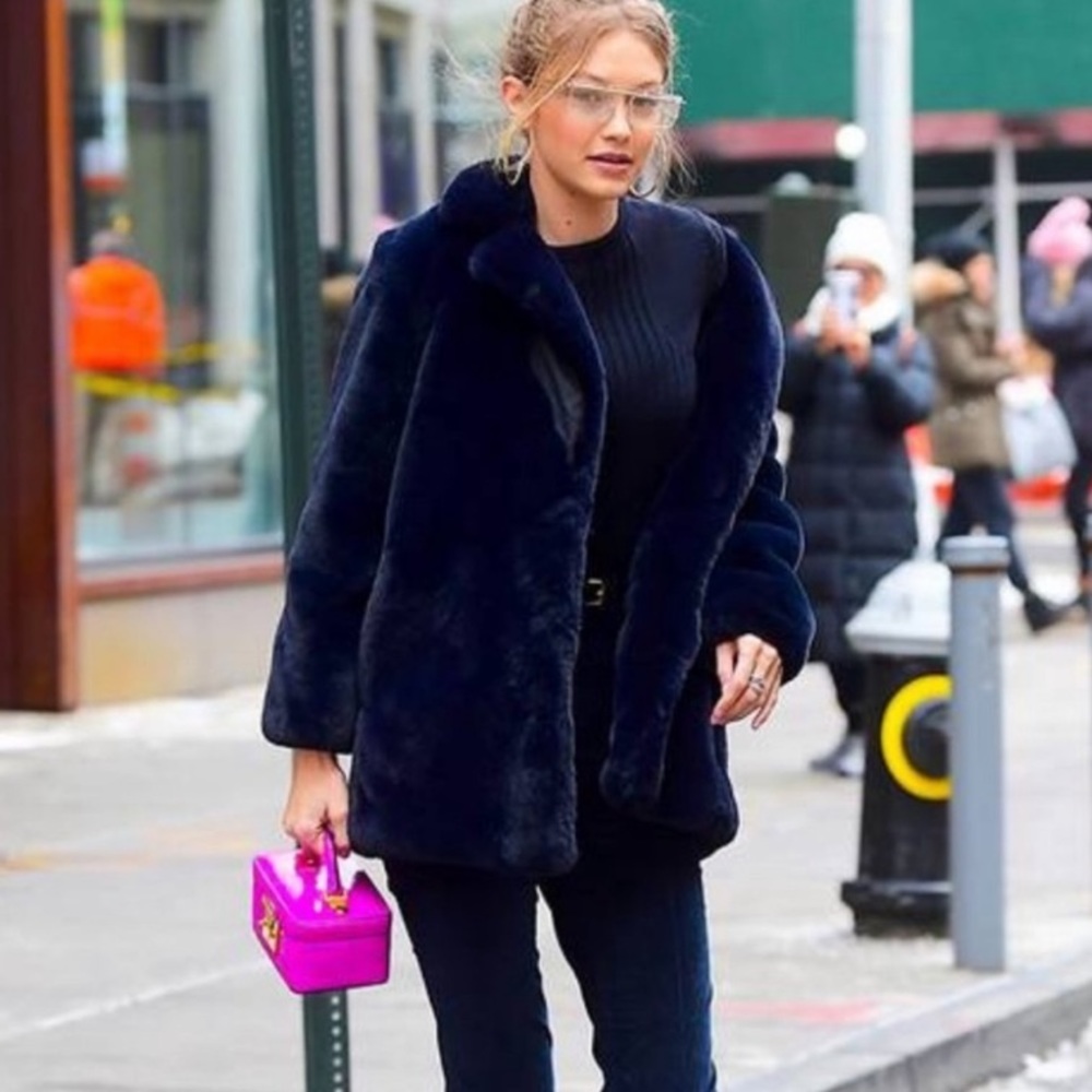 Sézane Isee Navy Faux Fur Coat NWOT *WORN BY GIGI HADID*